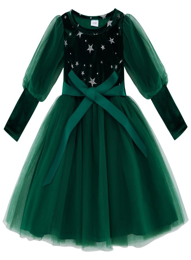 ESHOO Toddler Girl Christmas Dress Mesh Long Sleeve Star Printed Velvet Dresses with Waistband Kids Fall Winter Clothes - Image 1