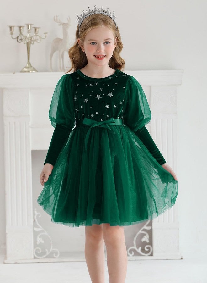ESHOO Toddler Girl Christmas Dress Mesh Long Sleeve Star Printed Velvet Dresses with Waistband Kids Fall Winter Clothes - Image 2