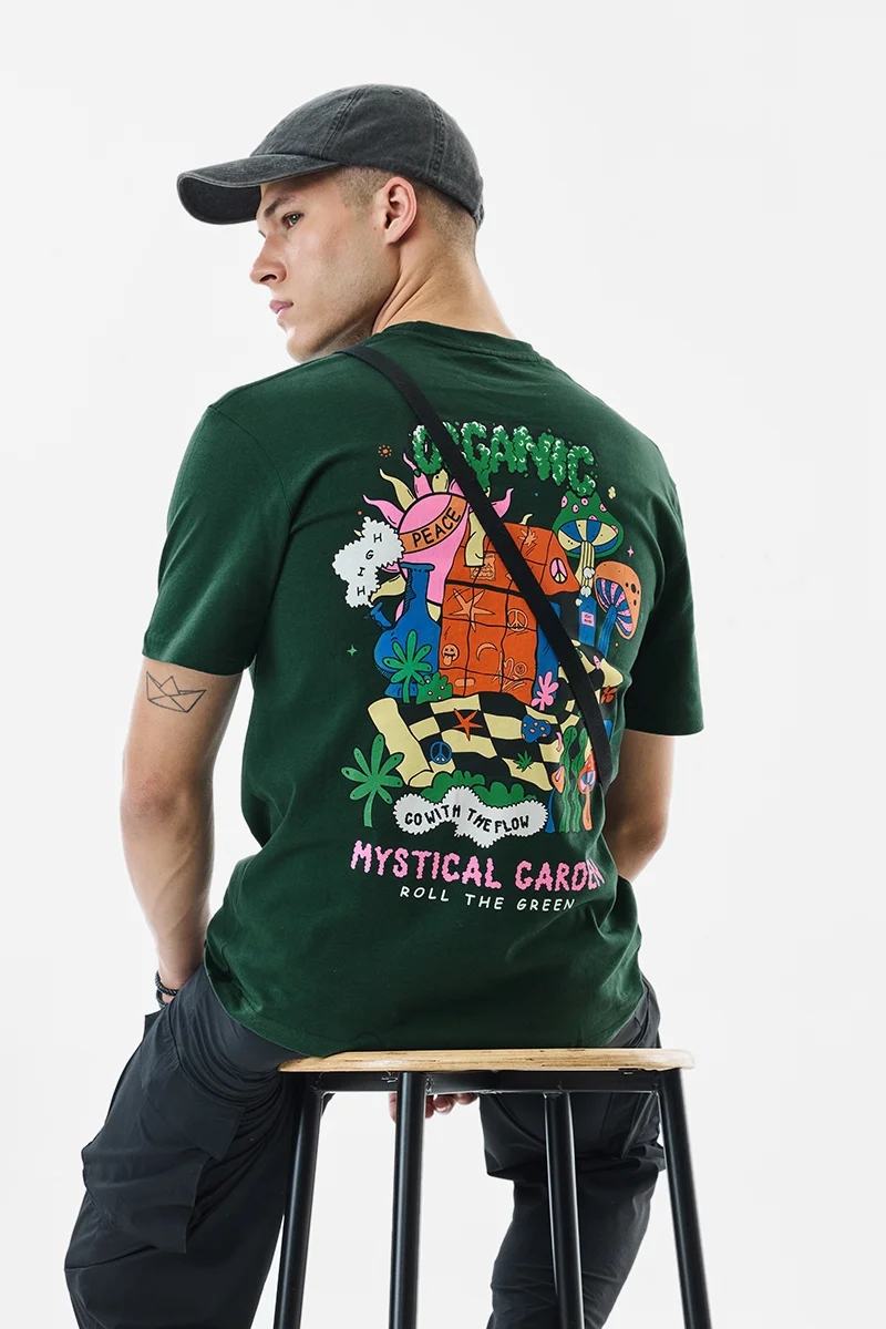 سنيتش Dark Green Graphic Half Sleeve Oversized Casual T-Shirt