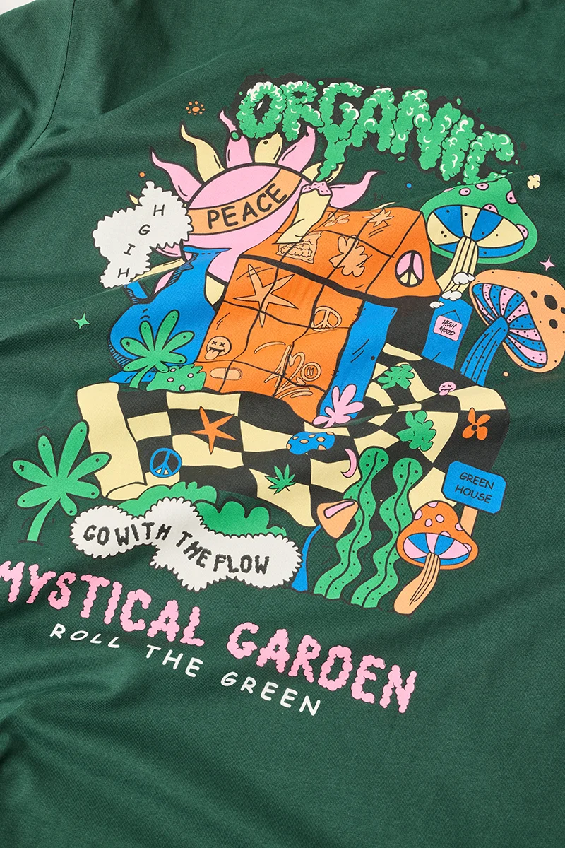 سنيتش Dark Green Graphic Half Sleeve Oversized Casual T-Shirt