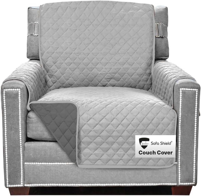 Sofa Shield Armchair Slip Cover with Patented Strap, Cushion Protector, US Designed Reversible Stain and Dog Tear Resistant Slipcover, 23 inch Seat, Washable Covers for Dogs Pets, Light Gray Charcoal - Image 1