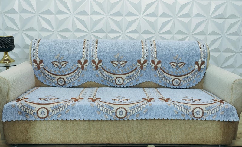 KREEVA Ultrasonic Cut Velvet Chenille Sofa Cover | for 5 Seater (3+1+1) Sofa | (Pastel Blue, 6 Piece Set) | Sofa Slipcovers - Image 3