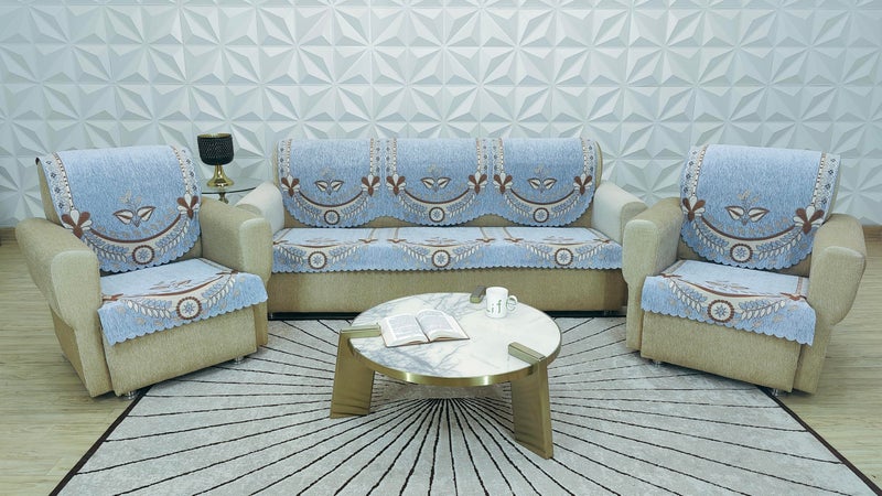 KREEVA Ultrasonic Cut Velvet Chenille Sofa Cover | for 5 Seater (3+1+1) Sofa | (Pastel Blue, 6 Piece Set) | Sofa Slipcovers - Image 1