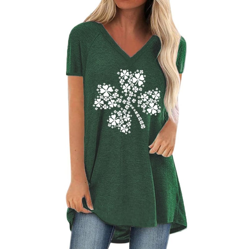 KKG Womens St Patricks Day Shirt Shamrock Long Tunics or Tops to Wear with Leggings Plus Size, Loose Fit V Neck Short Sleeves - Image 1