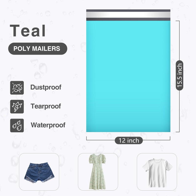 UCGOU Poly Mailers 12x15.5 Inch Teal 100 Pack Medium Shipping Bags #5 Strong Thick Mailing Envelopes Self Sealing Adhesive Waterproof and Tear Proof Boutique Packaging Postal for Clothing - Image 2
