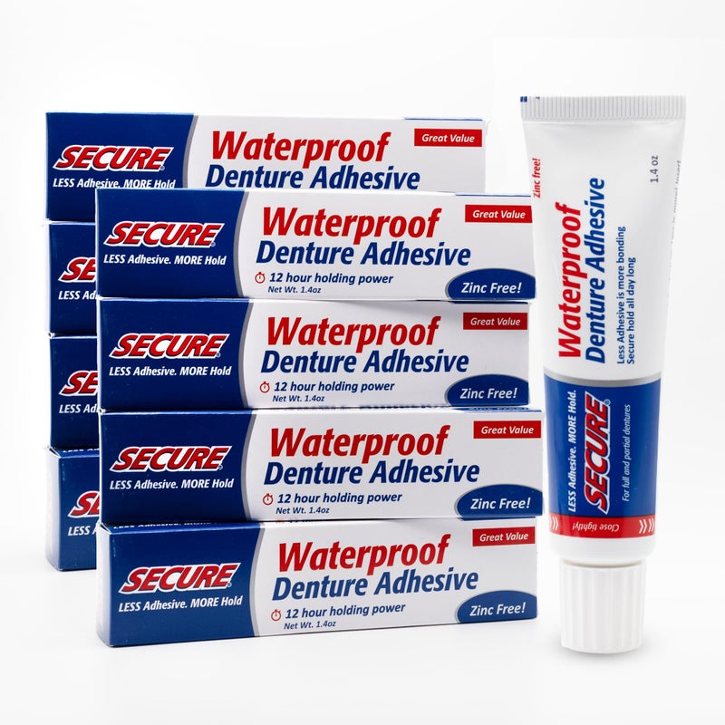 secure Secure Waterproof Denture Adhesive - Zinc Free - Extra Strong Hold For Upper, Lower or Partials - 1.4 oz (Pack of 8) - Image 1