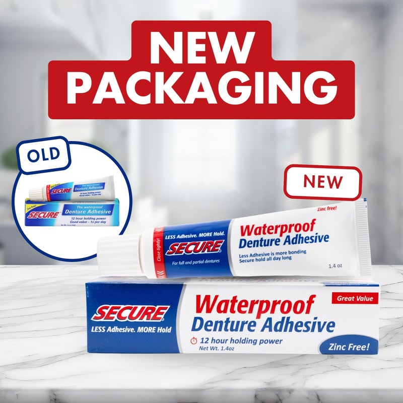 secure Secure Waterproof Denture Adhesive - Zinc Free - Extra Strong Hold For Upper, Lower or Partials - 1.4 oz (Pack of 8) - Image 2
