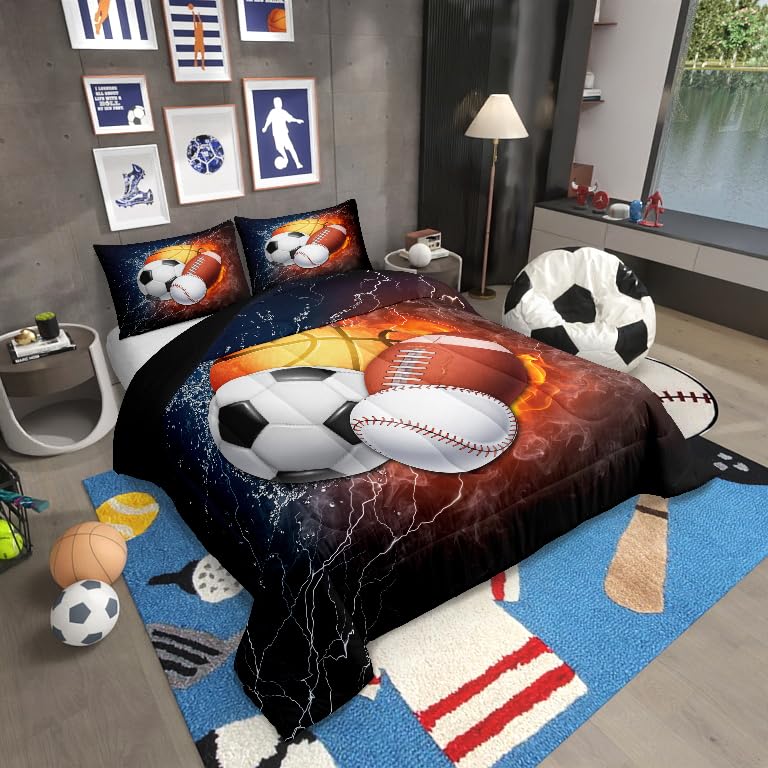 Erosebridal Twin Comforter Set for Boys Baseball Bedding Basketball Comforter Soccer Bedding Set for Teens Football Comforter Set with 1 Pillow Sham Basketball Room Decor Sports Themed Quilt Set Soft