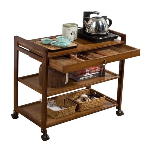 VM DECOR Solid Wood Kitchen Trolley on Wheels - 3-Tier Rolling Serving Cart with Drawer & Storage Shelves, Portable Tea Coffee Station for Home, Wood Trolley Dining & Kitchen (L 59 x W 33 x H 80 cm) - Image 1