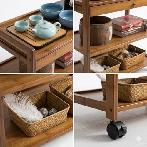 VM DECOR Solid Wood Kitchen Trolley on Wheels - 3-Tier Rolling Serving Cart with Drawer & Storage Shelves, Portable Tea Coffee Station for Home, Wood Trolley Dining & Kitchen (L 59 x W 33 x H 80 cm) - Image 4