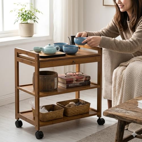 VM DECOR Solid Wood Kitchen Trolley on Wheels - 3-Tier Rolling Serving Cart with Drawer & Storage Shelves, Portable Tea Coffee Station for Home, Wood Trolley Dining & Kitchen (L 59 x W 33 x H 80 cm) - Image 2