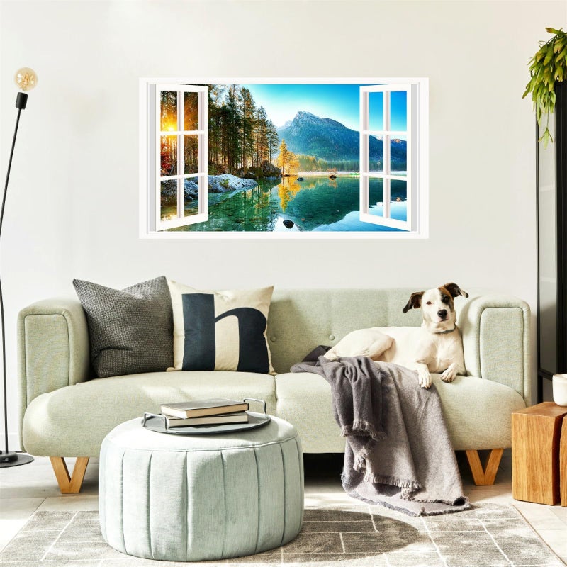 Mountain 3D Wall Stickers Removable Mountain Lake Wall Decals 3D Fake Window View Wall Stickers Nature Landscape Scenery Wall Mural Decals for Living Room Bedroom Decor