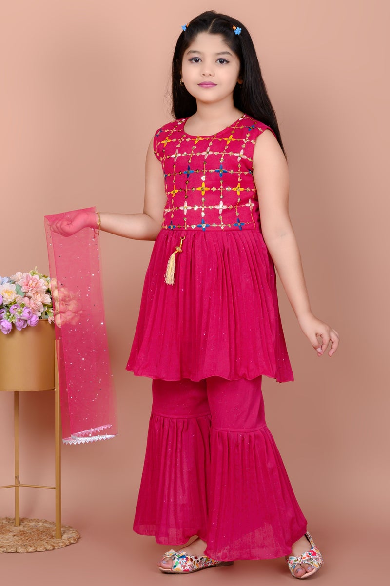 5 STAR COLLECTION Girls Pink Ethnic Kurti with Sharara Pants & Dupatta Set - Image 4