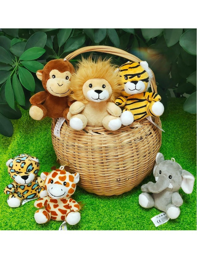 Toy 6 Piece Mini Jungle Stuffed Animals Set Lion Tiger Elephant Giraffe Leopard Monkey Soft Plush Toys for Animal and Woodland Themed Parties for Classroom Prizes and Gift for Boys and Girls  - Image 1