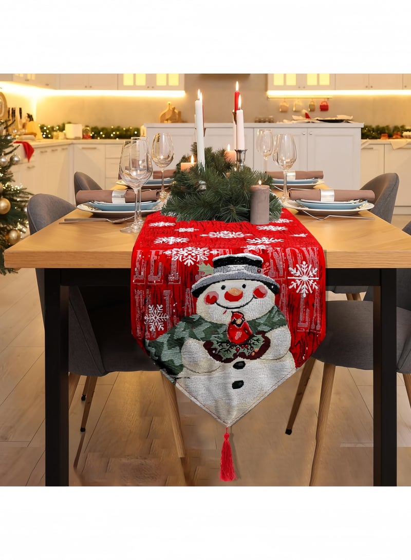 GGEROU Snowman Table Runner with Tassels, Exquisit Cotton Christmas Table Runner, Red Seasonal Winter Xmas Holiday Kitchen Dining Table Decoration, 33x183cm - Image 3