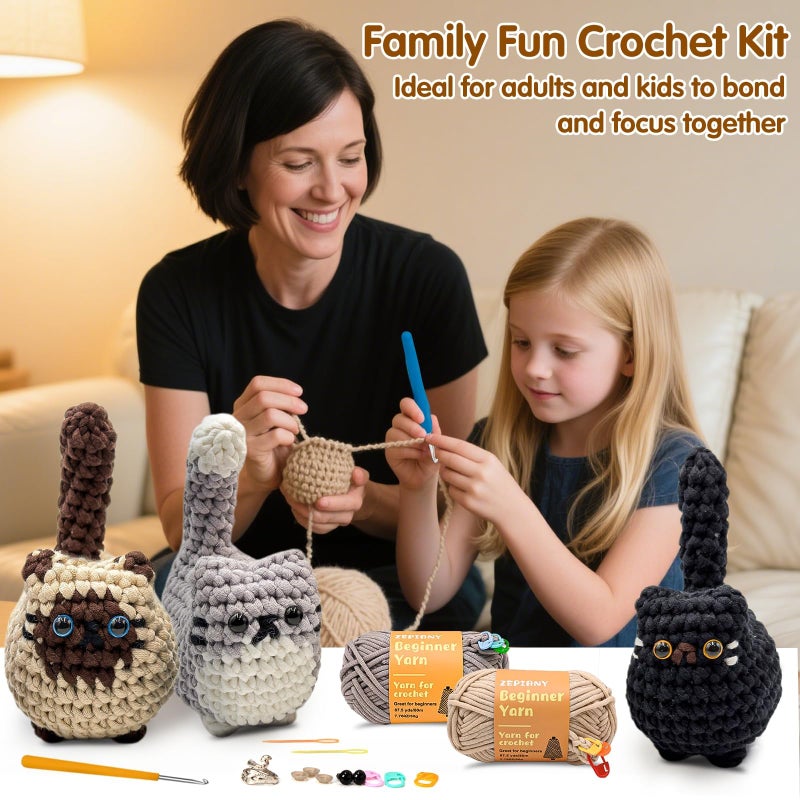 Zepiany Crochet Kit for Beginners, Crochet Cat Beginner Crochet Kit for Adults, Amigurumi Crochet Animals Cat Crafts Crochet Kits, Easy Knitting Kit Galentines Day Gifts - Image 5