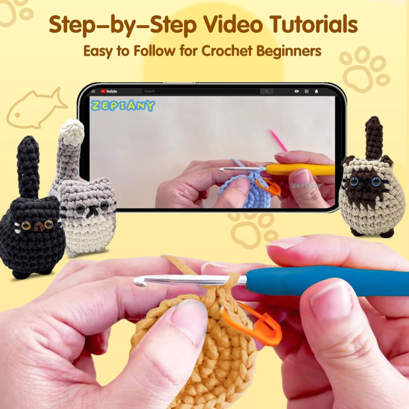 Zepiany Crochet Kit for Beginners, Crochet Cat Beginner Crochet Kit for Adults, Amigurumi Crochet Animals Cat Crafts Crochet Kits, Easy Knitting Kit Galentines Day Gifts - Image 3