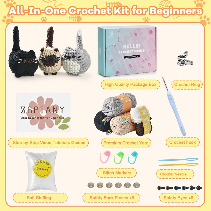 Zepiany Crochet Kit for Beginners, Crochet Cat Beginner Crochet Kit for Adults, Amigurumi Crochet Animals Cat Crafts Crochet Kits, Easy Knitting Kit Galentines Day Gifts - Image 2