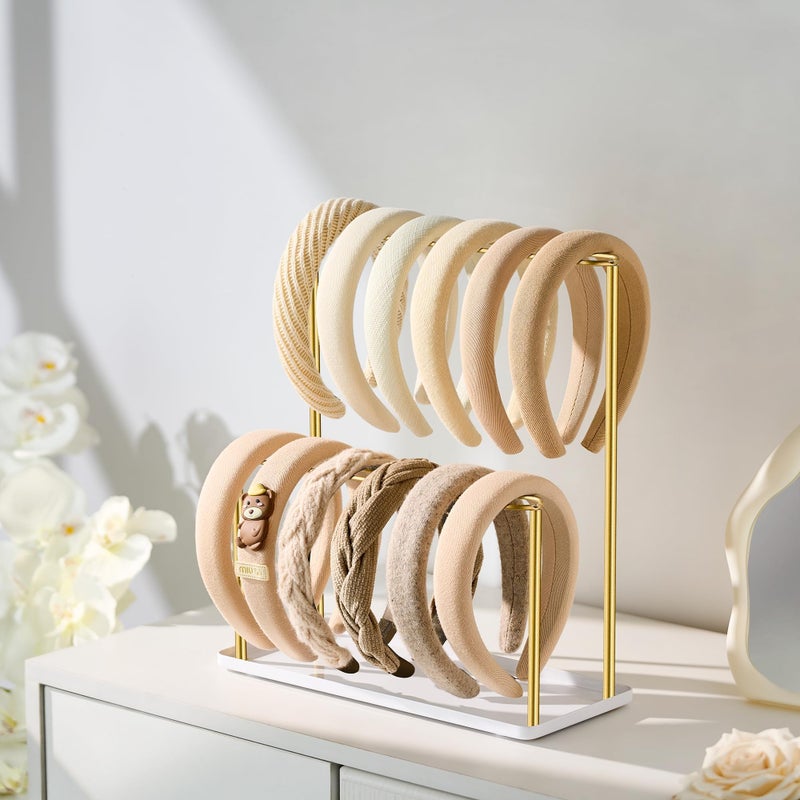 pickpiff Headband Holder Organizer Metal 2-Tier with Tray: Hair Accessories Display Stand Storage, Purse Charms Key Rings Rack Necklace Stand Home Bedroom for Girls Women, Gold - Image 2