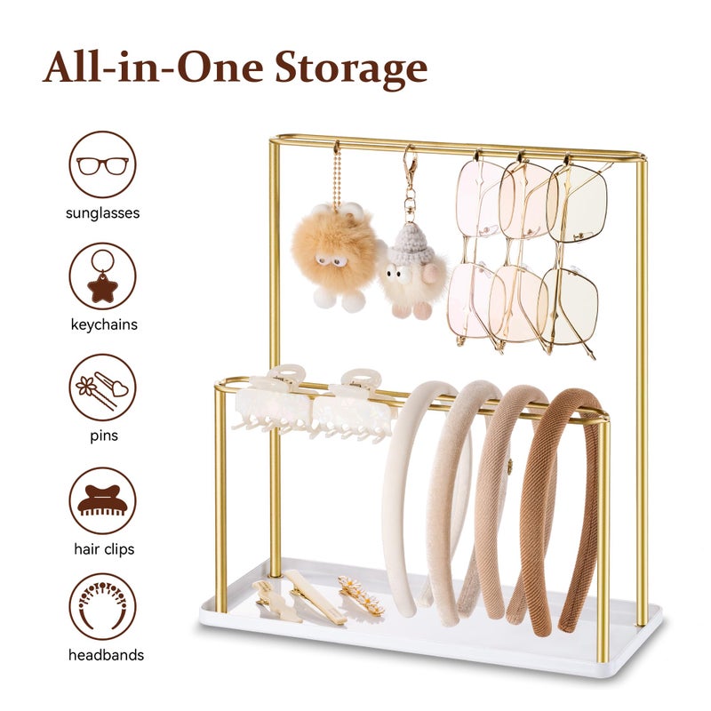 pickpiff Headband Holder Organizer Metal 2-Tier with Tray: Hair Accessories Display Stand Storage, Purse Charms Key Rings Rack Necklace Stand Home Bedroom for Girls Women, Gold - Image 5