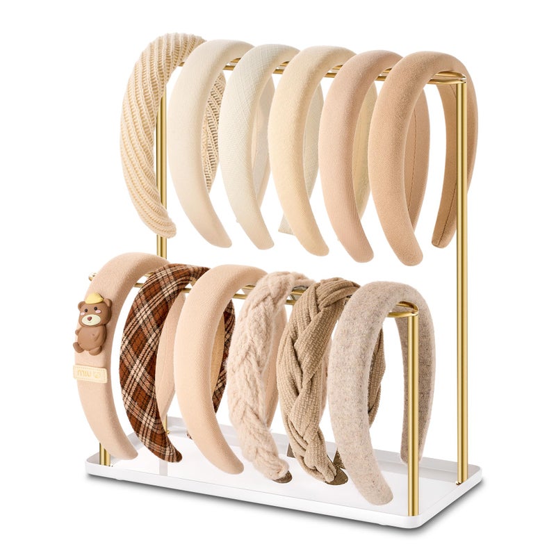 pickpiff Headband Holder Organizer Metal 2-Tier with Tray: Hair Accessories Display Stand Storage, Purse Charms Key Rings Rack Necklace Stand Home Bedroom for Girls Women, Gold - Image 1