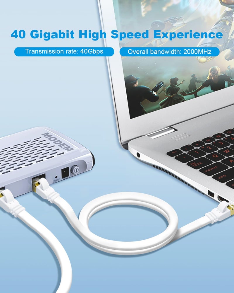 Yauhody CAT 8 Ethernet Cable, 6ft 2 pack Flat High Speed 40Gbps 2000MHz SFTP 26WAG Gigabit Network Internet LAN Patch Cord with Gold Plated RJ45 Connector for Routers,Switches, PS5(White, 6ft, 2 pack) - Image 2