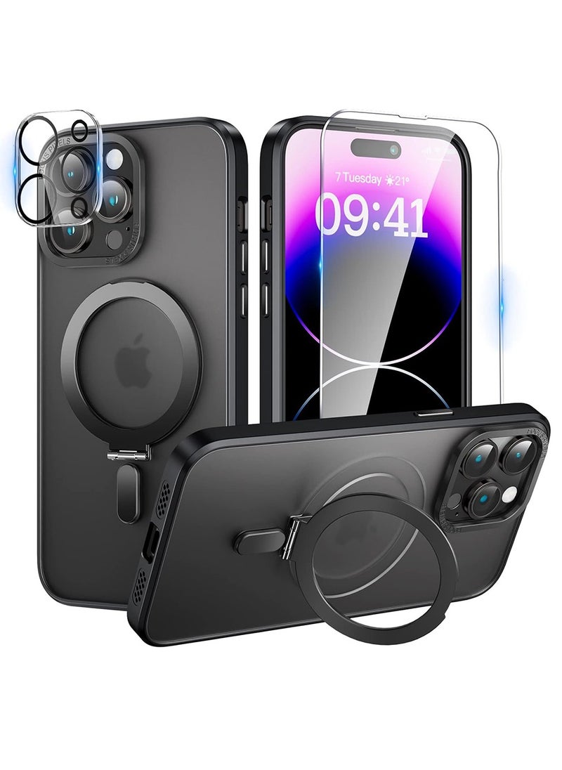 ماركة غير محددة - غطاء مغناطيسي مع حامل لهاتف iPhone 14 Pro Max يتضمن حامل غير مرئي، متوافق مع تقنية Mag Safe، غطاء شفاف بتأثير مطفي، حامي شاشة زجاجي، وحامي لعدسة الكاميرا، 6.7 إنش - أسود - Image 1