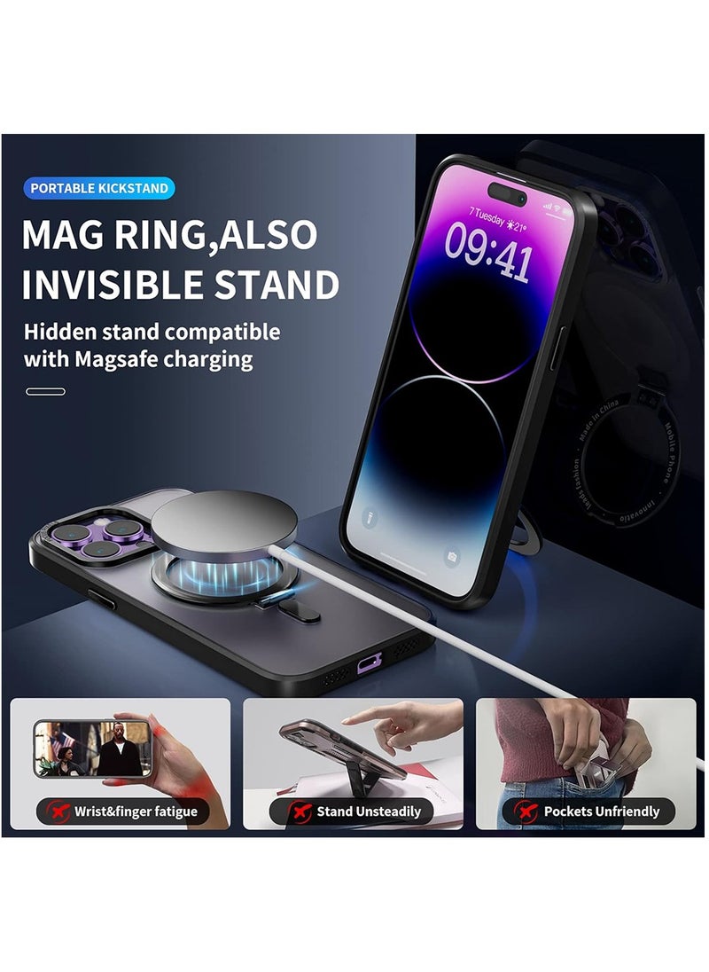 ماركة غير محددة - غطاء مغناطيسي مع حامل لهاتف iPhone 14 Pro Max يتضمن حامل غير مرئي، متوافق مع تقنية Mag Safe، غطاء شفاف بتأثير مطفي، حامي شاشة زجاجي، وحامي لعدسة الكاميرا، 6.7 إنش - أسود - Image 1