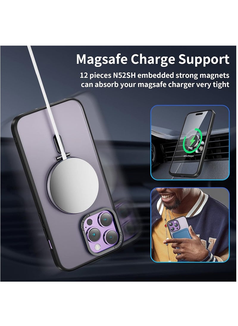 ماركة غير محددة - غطاء مغناطيسي مع حامل لهاتف iPhone 14 Pro Max يتضمن حامل غير مرئي، متوافق مع تقنية Mag Safe، غطاء شفاف بتأثير مطفي، حامي شاشة زجاجي، وحامي لعدسة الكاميرا، 6.7 إنش - أسود - Image 1