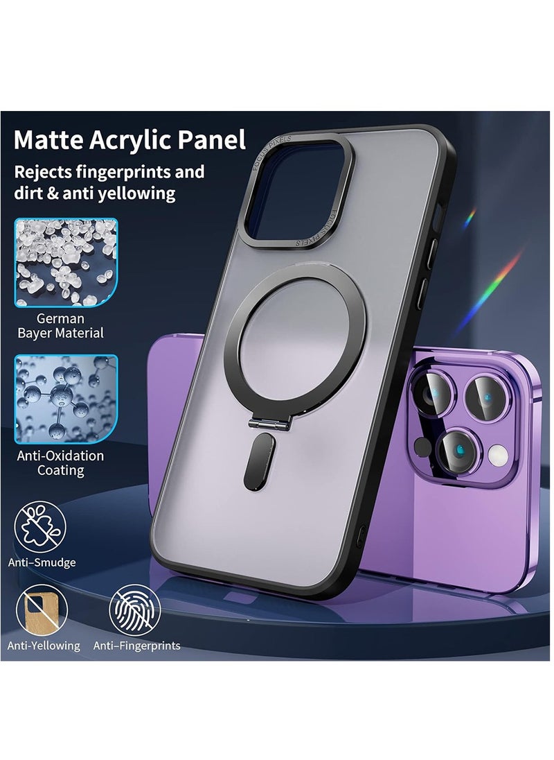 ماركة غير محددة - غطاء مغناطيسي مع حامل لهاتف iPhone 14 Pro Max يتضمن حامل غير مرئي، متوافق مع تقنية Mag Safe، غطاء شفاف بتأثير مطفي، حامي شاشة زجاجي، وحامي لعدسة الكاميرا، 6.7 إنش - أسود - Image 1