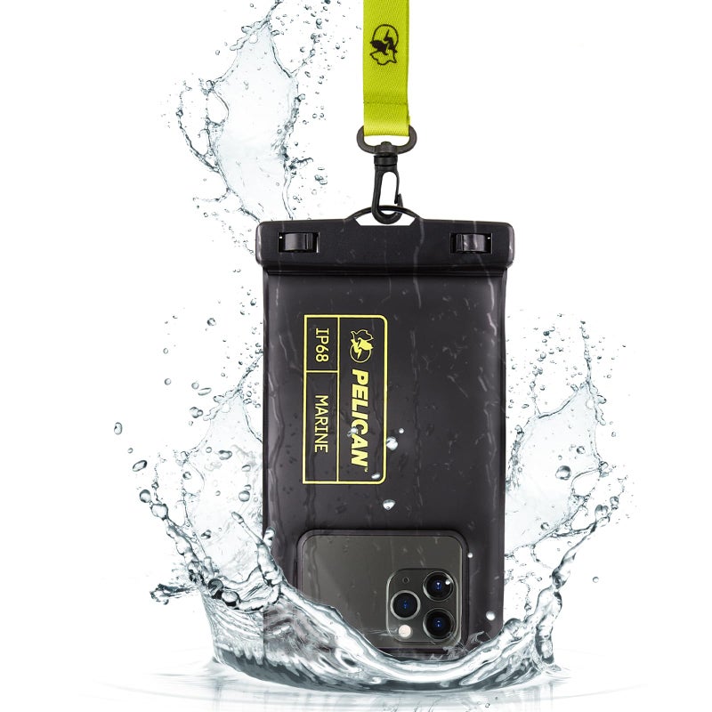 Pelican Marine - IP68 Waterproof Phone Pouch (Regular Size) Floating Waterproof Phone Case - Beach Cruise Ship Travel Essentials - Works with All Phones - Detachable Lanyard - Black/Hi-Vis Yellow - Image 1
