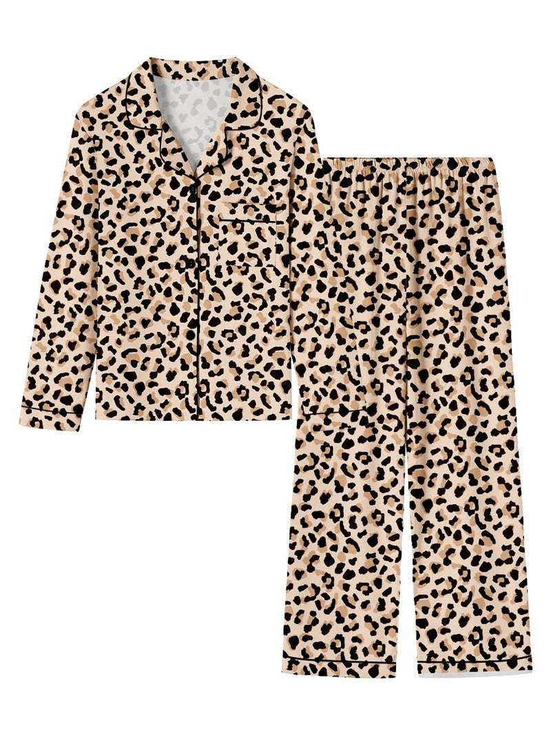 Umeyda Kids Pajamas Set PJS Long Sleeve Button Down Sleepwear Loungewear, Brown Leopard, 11-12 Years = Tag 160 - Image 1
