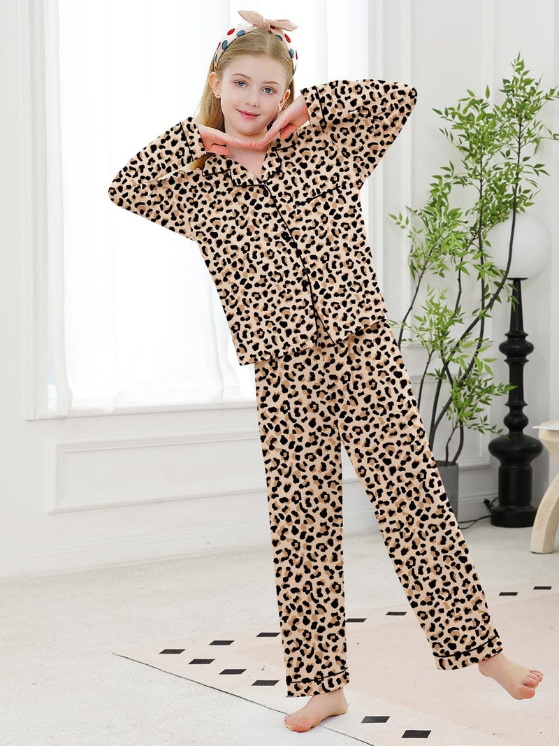 Umeyda Kids Pajamas Set PJS Long Sleeve Button Down Sleepwear Loungewear, Brown Leopard, 11-12 Years = Tag 160 - Image 3