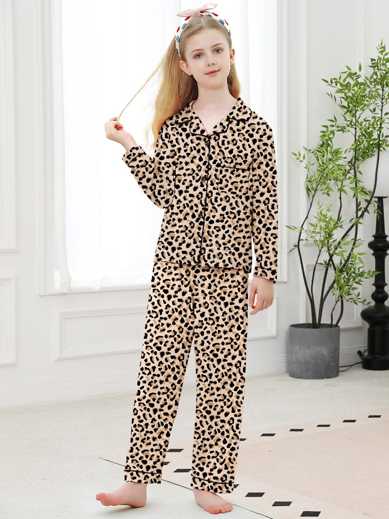 Umeyda Kids Pajamas Set PJS Long Sleeve Button Down Sleepwear Loungewear, Brown Leopard, 11-12 Years = Tag 160 - Image 2