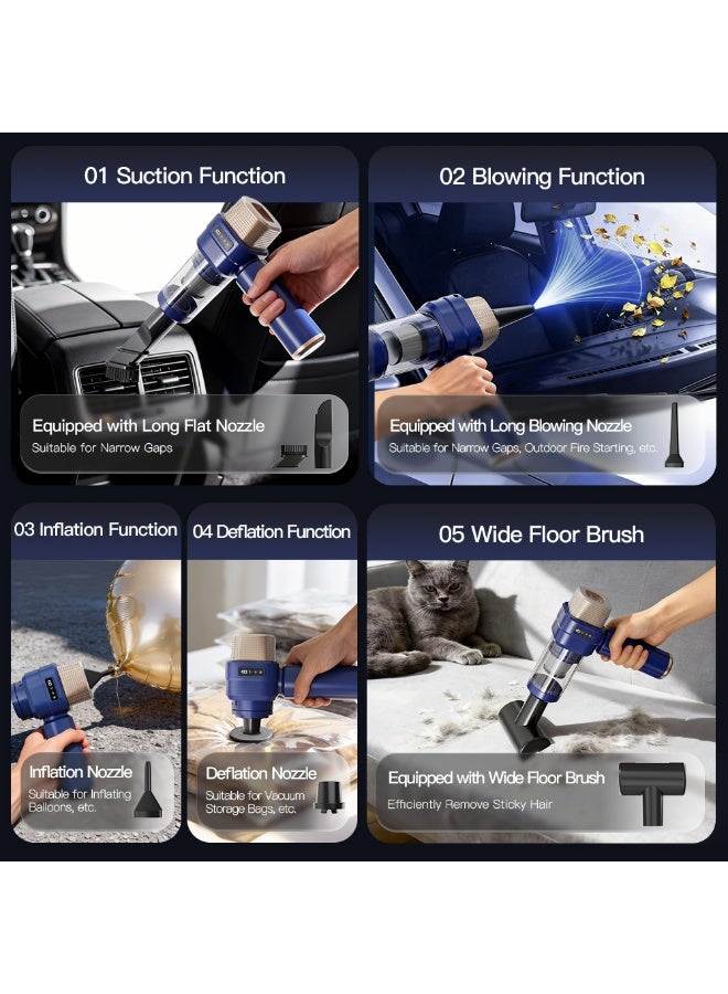 باندا مكنسة كهربائية يدوية، مكنسة سيارة لاسلكية بقوة شفط 22000 باسكال، مكنسة صغيرة محمولة 4 في 1 مع منفاخ هواء وجهاز نفخ وتفريغ هواء، 3 مستويات شفط، بطارية 6000mAh قابلة للشحن للسيارة والمنزل والمكتب - Image 5
