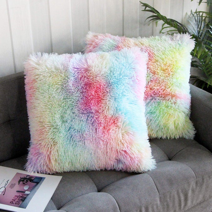 2 Packs Fluffy Accent Pillows Cover 18x18 Soft Unicorn Colorful Faux Fur Throw Pillow Case Modern Luxury Decorative Square Cushion Cover for Farmhouse Home Decor for SofaBedChair 45x45cm