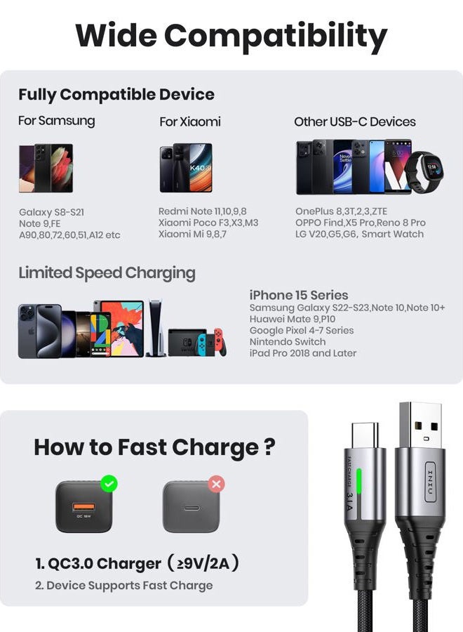 INIU USB C Cable, [5 Pack 3.1A] QC Fast Charging USB Type C Cable, Nylon(3.3+3.3+6.6+6.6+10ft) Phone Charger USB A to USB C Cable for Samsung Galaxy S21 S20 S10 Plus Note 10 LG Google Pixel OnePlus - Image 4