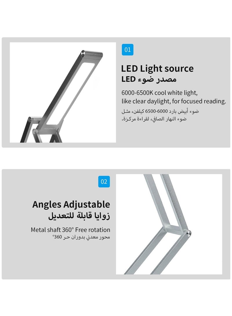 مصباح مكتبي قابل للطي بتقنية LED، 3 في 1: مصباح قراءة وحامل للجدار وحامل للهاتف، 3 مستويات من السطوع وناعم كضوء النهار، هيكل معدني بالكامل، بطارية طويلة الأمد 1000mAh، قابل للحمل وصديق للسفر، هدية مثالية. - Image 4
