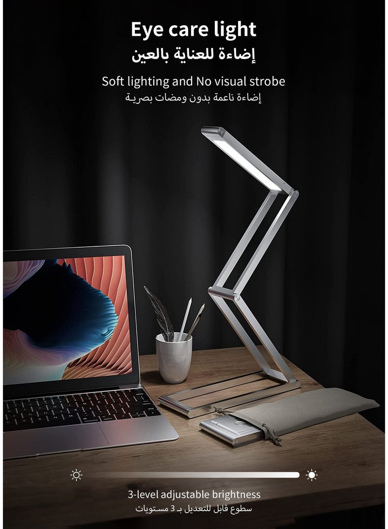 مصباح مكتبي قابل للطي بتقنية LED، 3 في 1: مصباح قراءة وحامل للجدار وحامل للهاتف، 3 مستويات من السطوع وناعم كضوء النهار، هيكل معدني بالكامل، بطارية طويلة الأمد 1000mAh، قابل للحمل وصديق للسفر، هدية مثالية. - Image 3