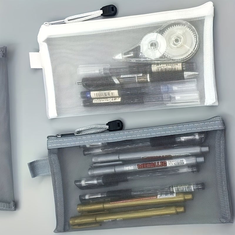 4 Gray Mesh Zipper Pouches Breathable Fabric Organizer Bags For Students Office - Image 1