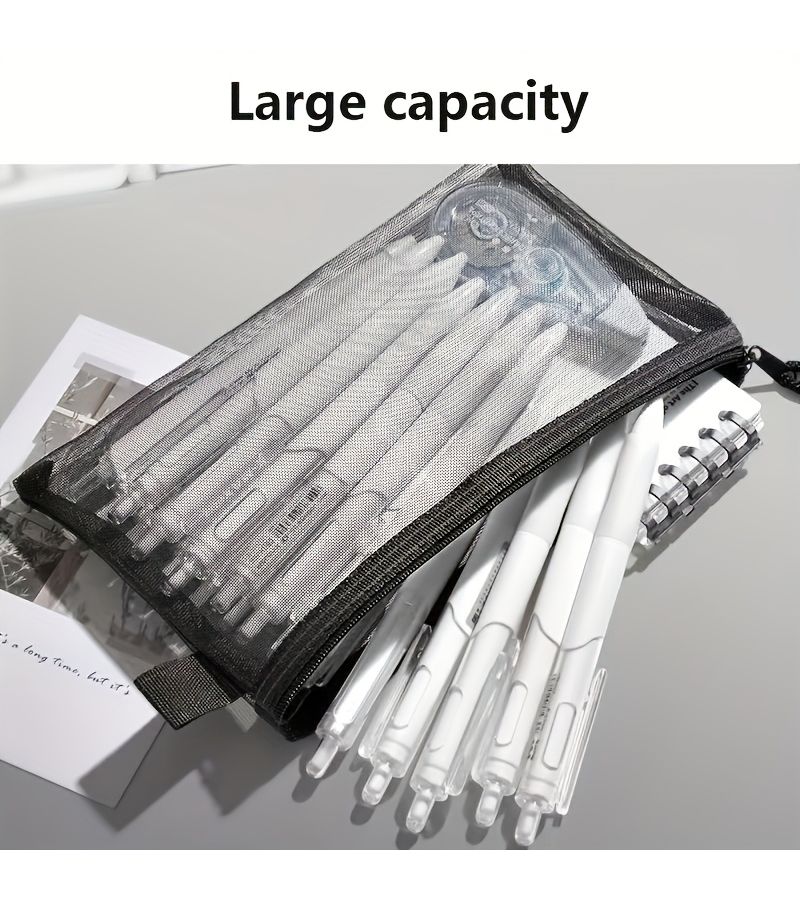 4 Gray Mesh Zipper Pouches Breathable Fabric Organizer Bags For Students Office - Image 5