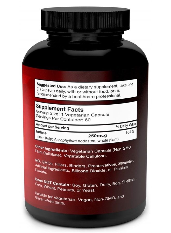 Iodine Supplement 250mcg - Iodine Pills from Sea Kelp (Grown in USA) - Thyroid Support Supplement (Ascophyllum Nodosum) - 60 Sea Kelp Capsules