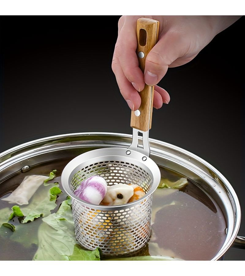 2 Piece Set Stainless Steel Strainer Spoon With Wooden Handle For Dumplings Noodles Vegetables Meat Kitchen Tool - Image 2