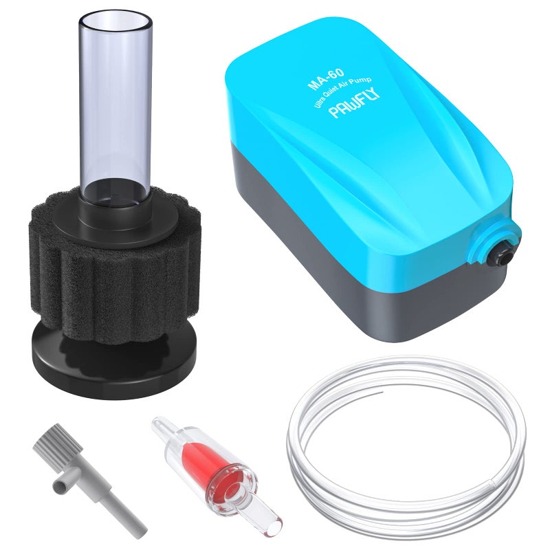 Pawfly Aquarium Air Pump with Nano Bio Sponge Filter Kit Air Control Valve Airline Tubing and Check Valve Accessories for 3-10 Gallon Small Fish Tank - Image 1