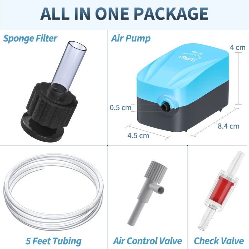 Pawfly Aquarium Air Pump with Nano Bio Sponge Filter Kit Air Control Valve Airline Tubing and Check Valve Accessories for 3-10 Gallon Small Fish Tank - Image 3
