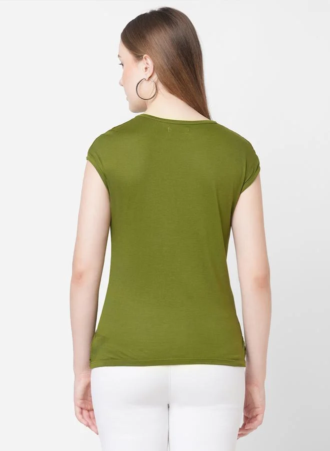 Mish Mish Women Olive Solid Twist Front Short Sleeve T-Shirt