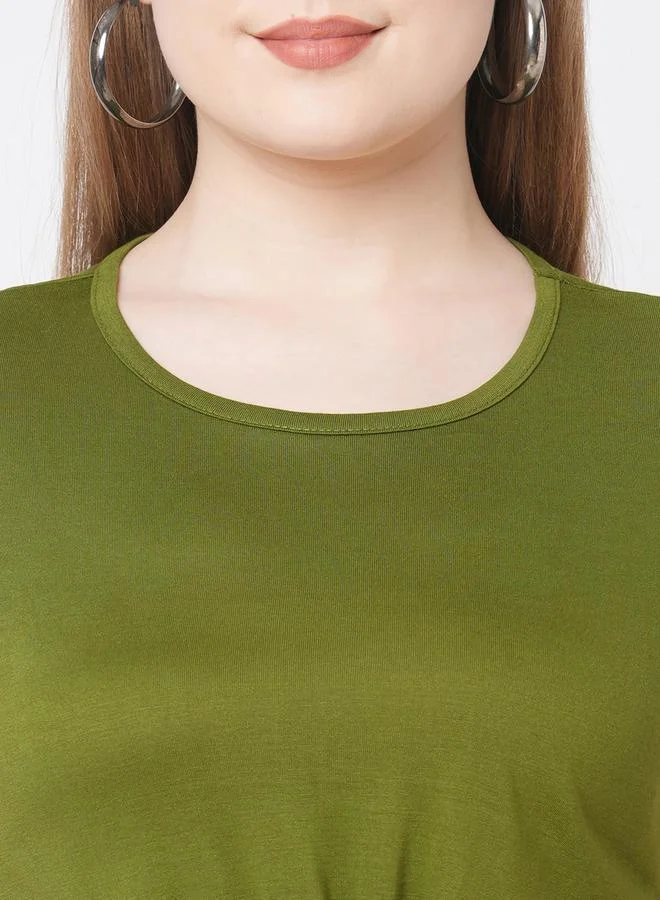 Mish Mish Women Olive Solid Twist Front Short Sleeve T-Shirt