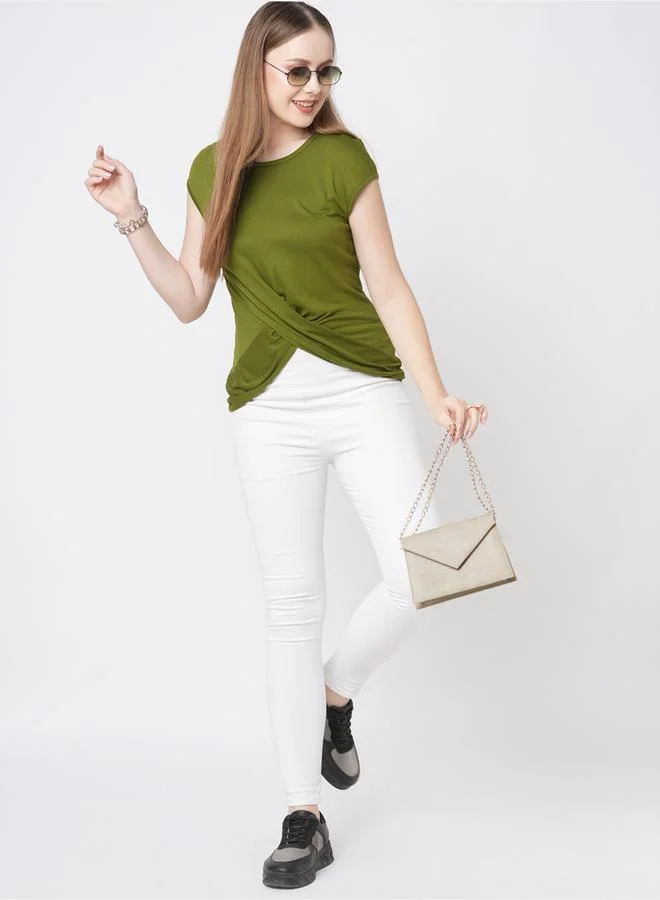 Mish Mish Women Olive Solid Twist Front Short Sleeve T-Shirt