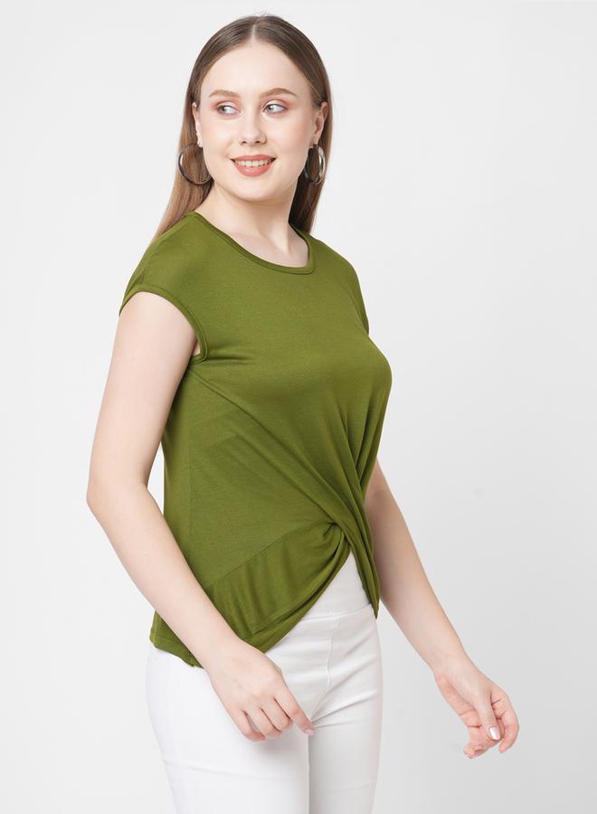 ميش تيشيرت نسائي قصير بأكمام قصيرة وربطة أمامية بلون الزيتون الصلب - Image 3