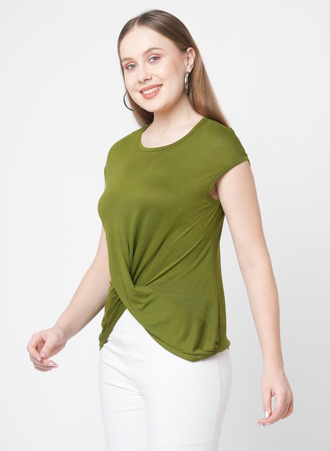 ميش تيشيرت نسائي قصير بأكمام قصيرة وربطة أمامية بلون الزيتون الصلب - Image 1